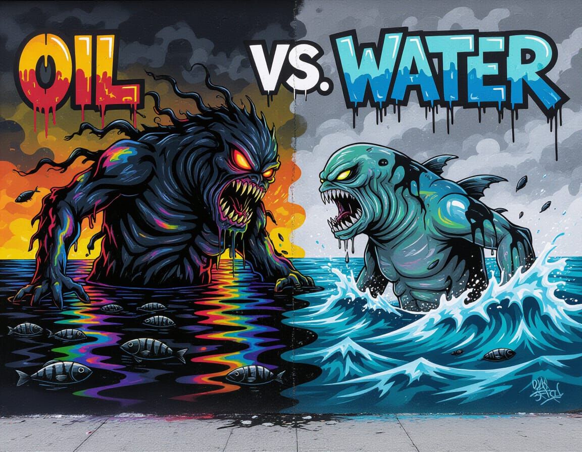 Graffiti Art: Oil vs. Water Monsters in Urban Confrontation