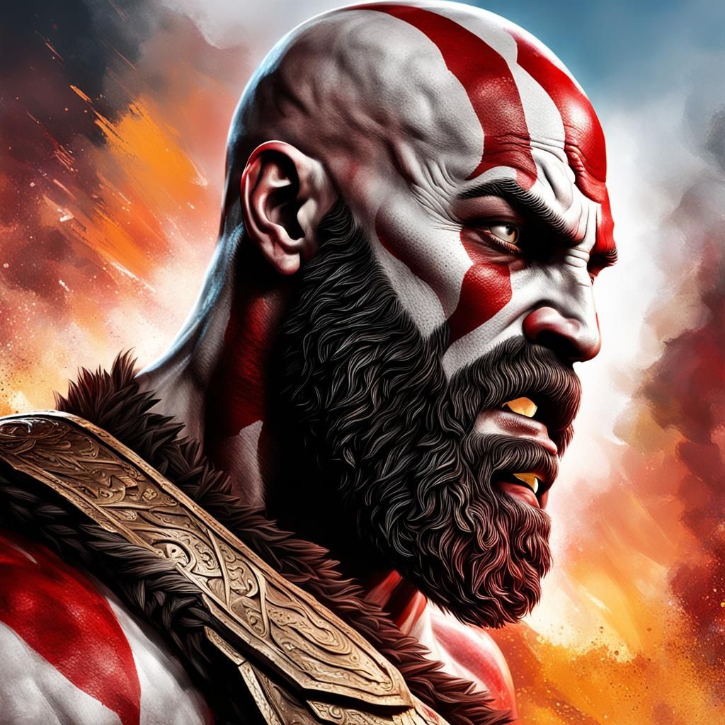 Hyperrealistic Kratos Portrait in Splash Art Style