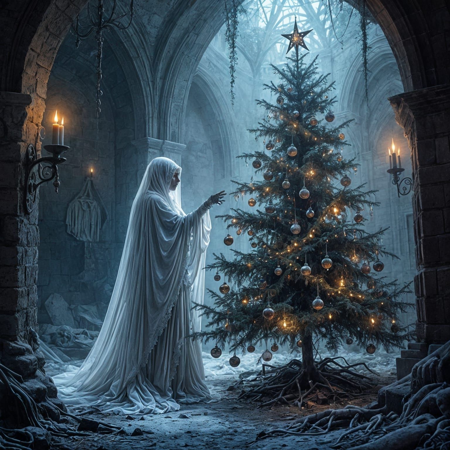 Ghostly Figure Decorates Dead Christmas Tree in Medieval Cry...