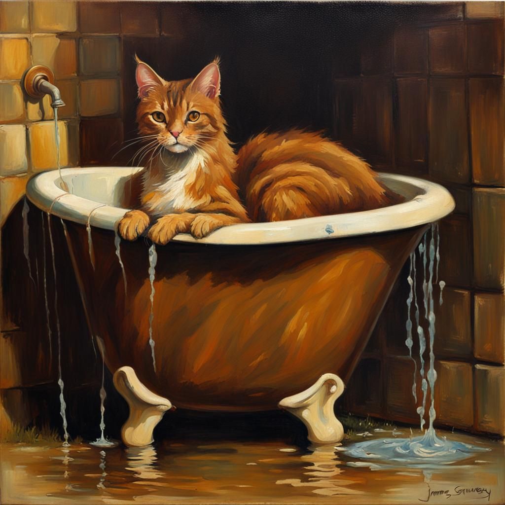 Antique Oil Painting of a Bathing Brown Cat