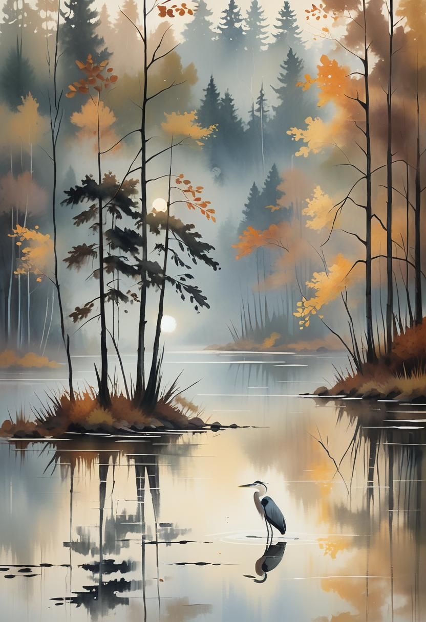Heron in Autumn Forest: Impressionist Oil Painting