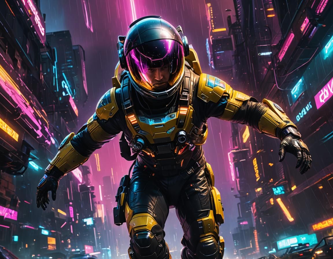 Astronaut in Cyberpunk Space Reflects Earth