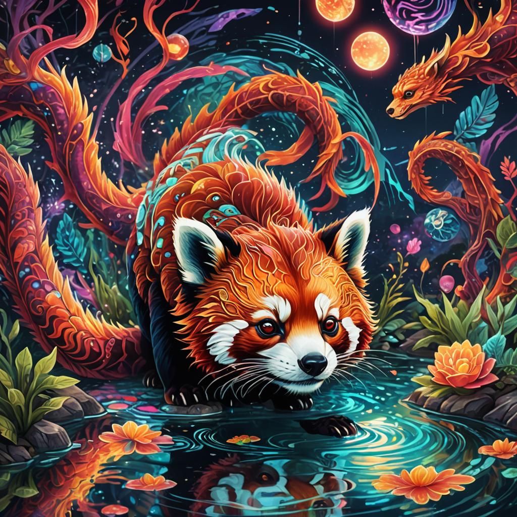 Red Panda and Dragon Reflection in Mixed Media