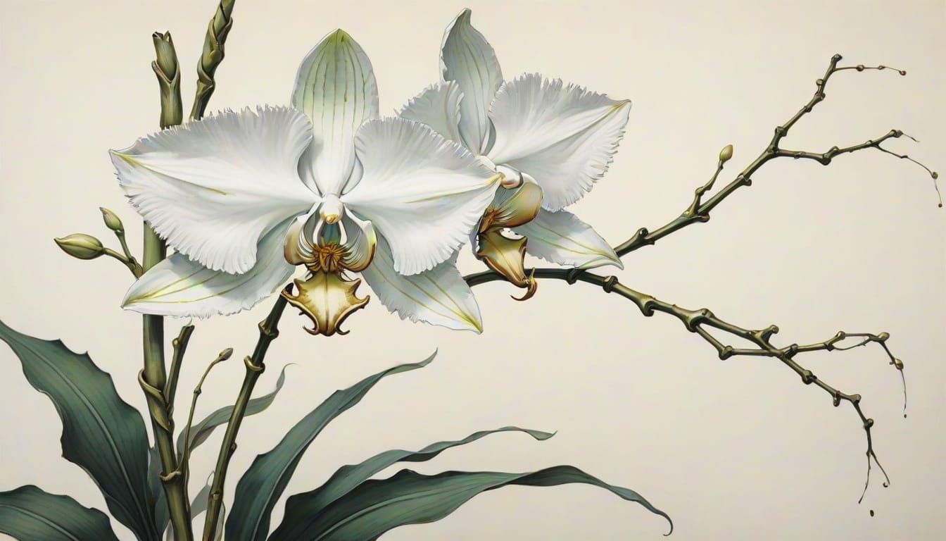 Ghost Orchid Scroll with Emerald Dragonfly in Japanese Style