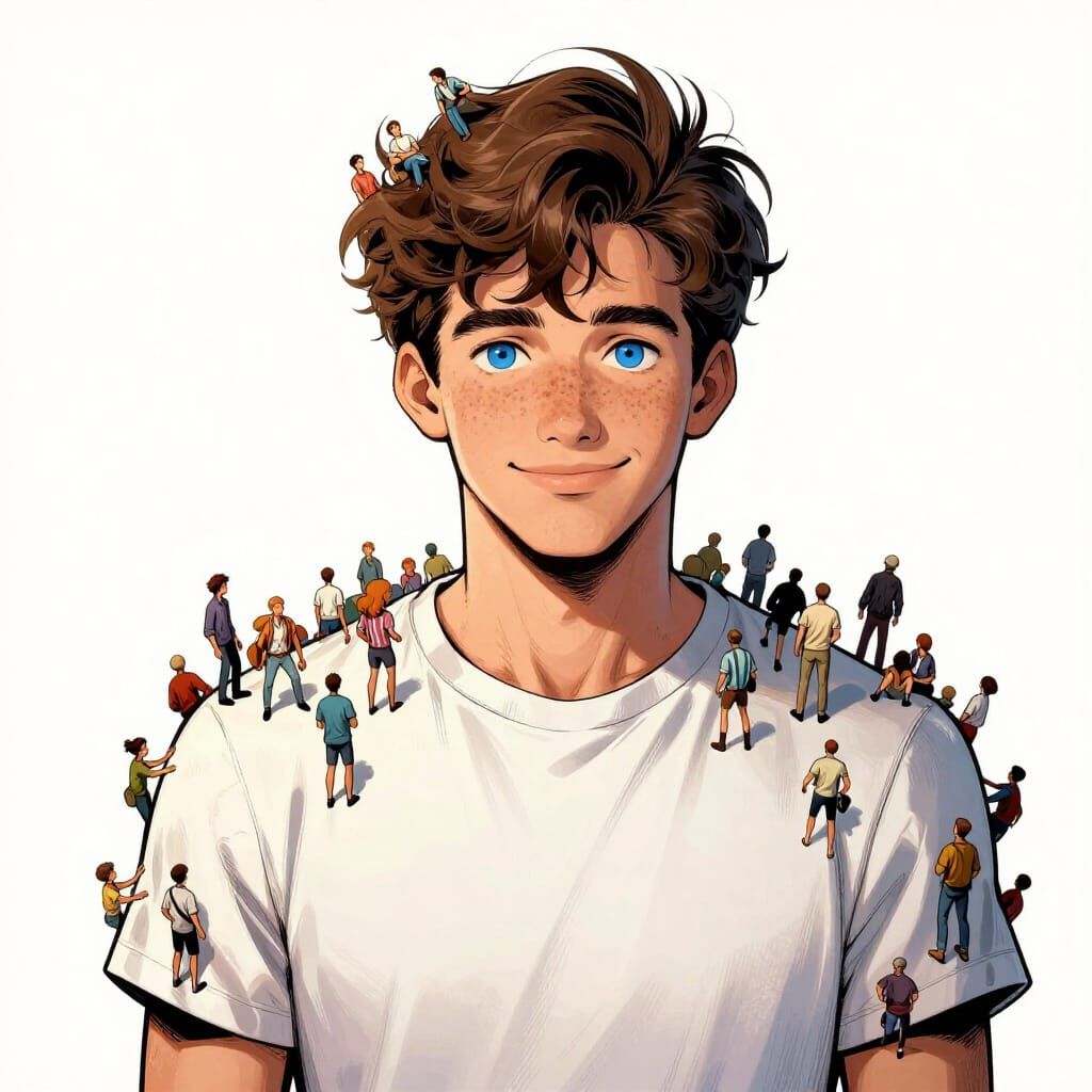 Boy Smiles As Tiny People Climb Him Comic Style