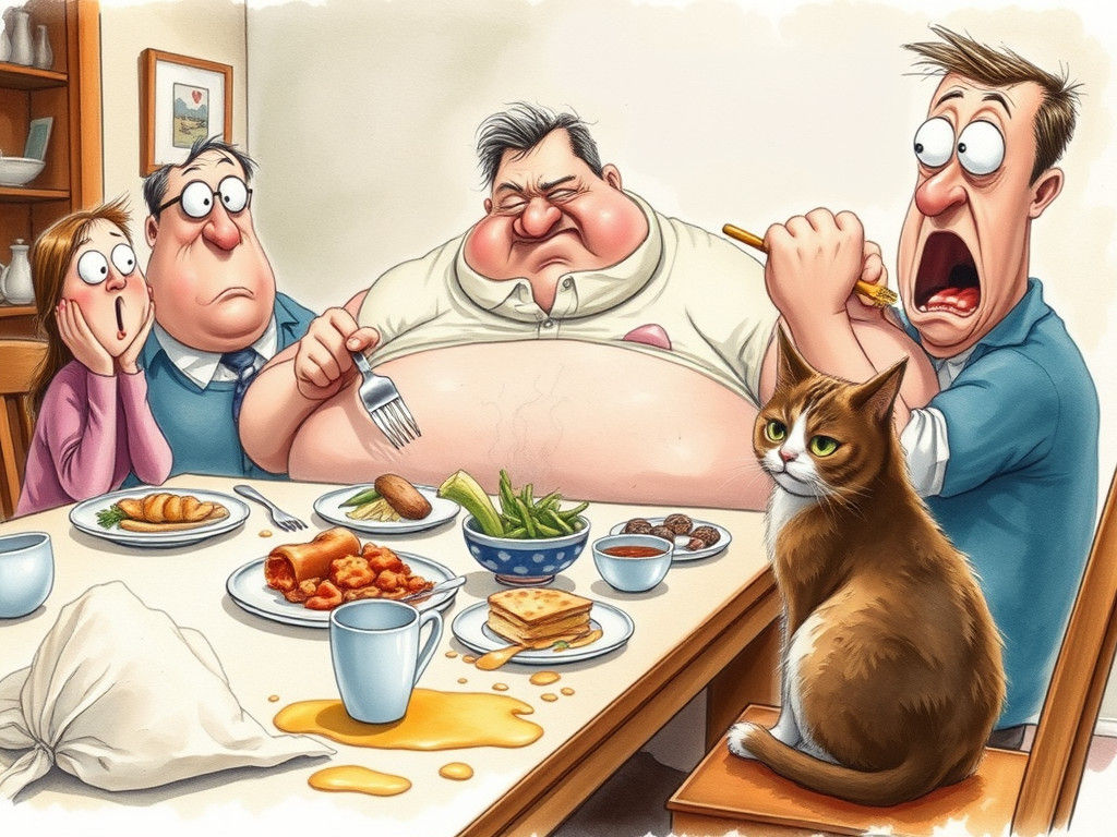 Humorous Watercolor: Man's Gluttonous Dinner Disappoints Cat