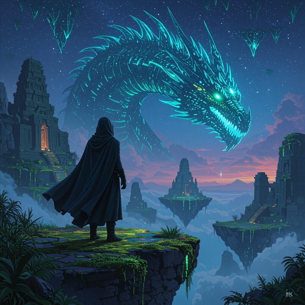 Explorer on Floating Island with Bioluminescent Dragon