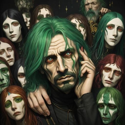 Distressed Man Surrounded by Taunting Heads: Surreal Oil Pai...