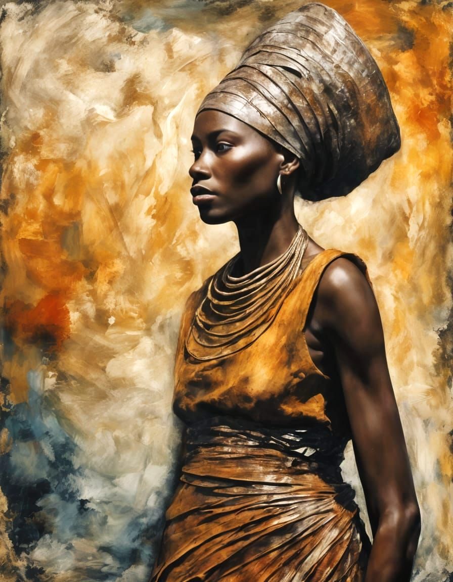 African Warrior Woman in Impressionist Urban Scene