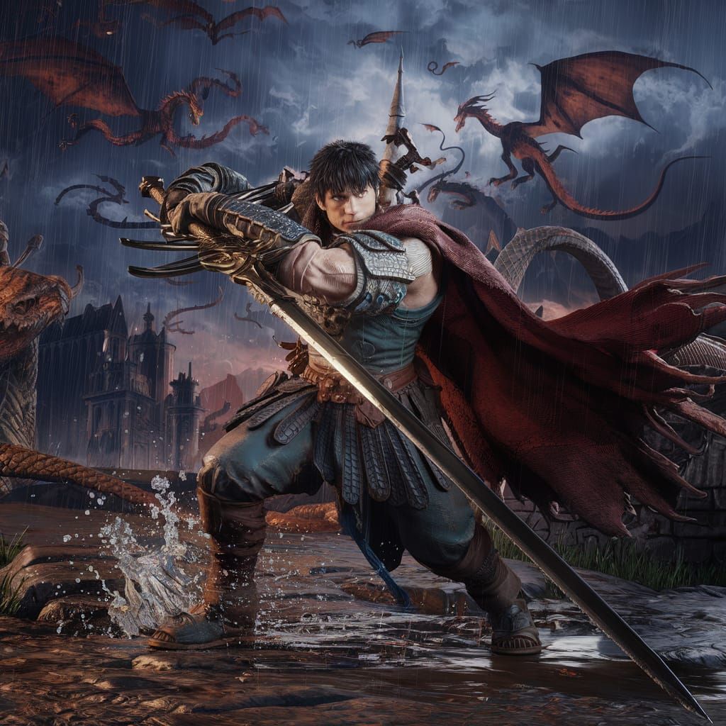 Guts from Berserk in Dark Fantasy Landscape