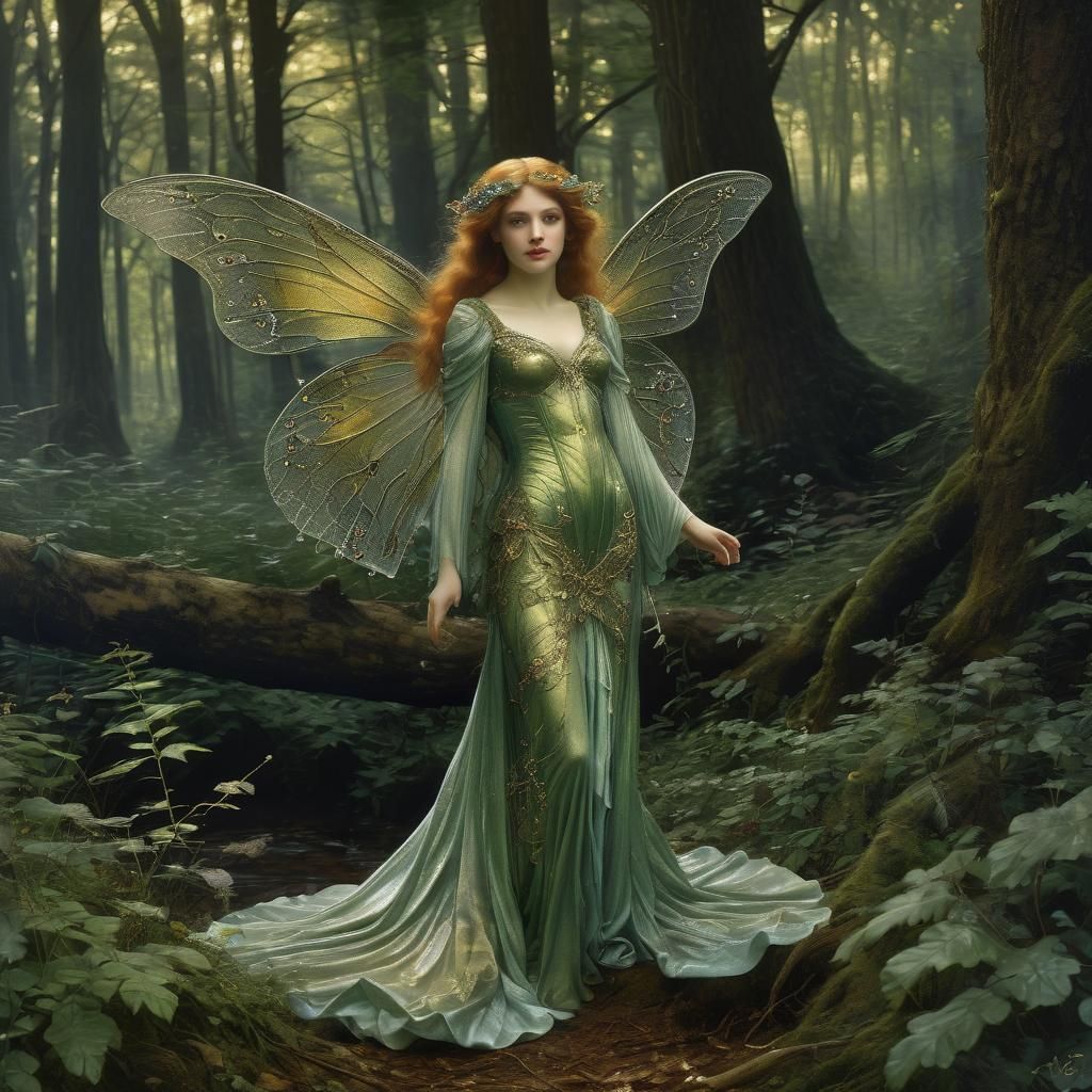 Ethereal Fairy in Woodland Scene, Pre-Raphaelite Style