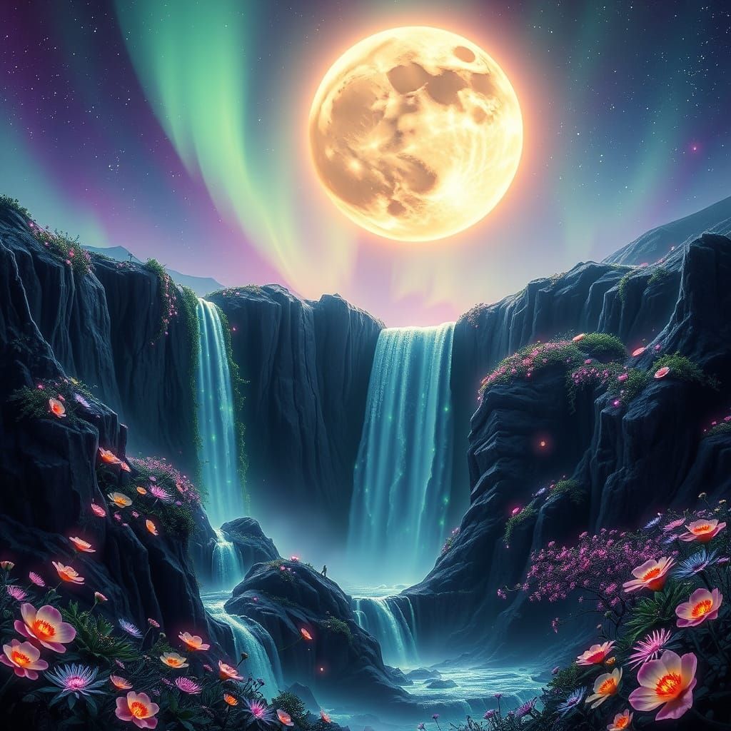 Alien Bioluminescent Waterfall in Celestial Landscape