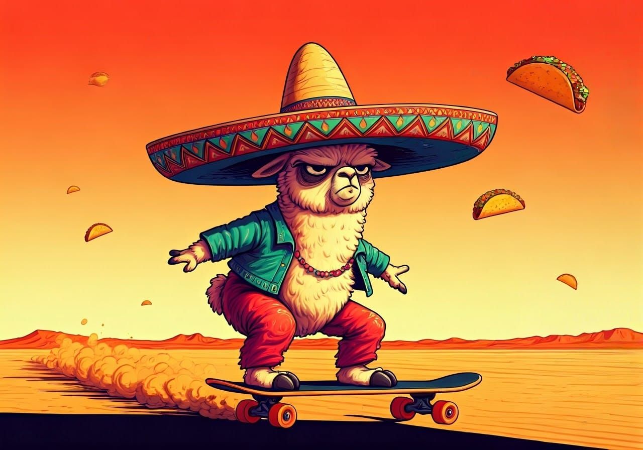 Grumpy Alpaca Rides Skateboard Through Desert