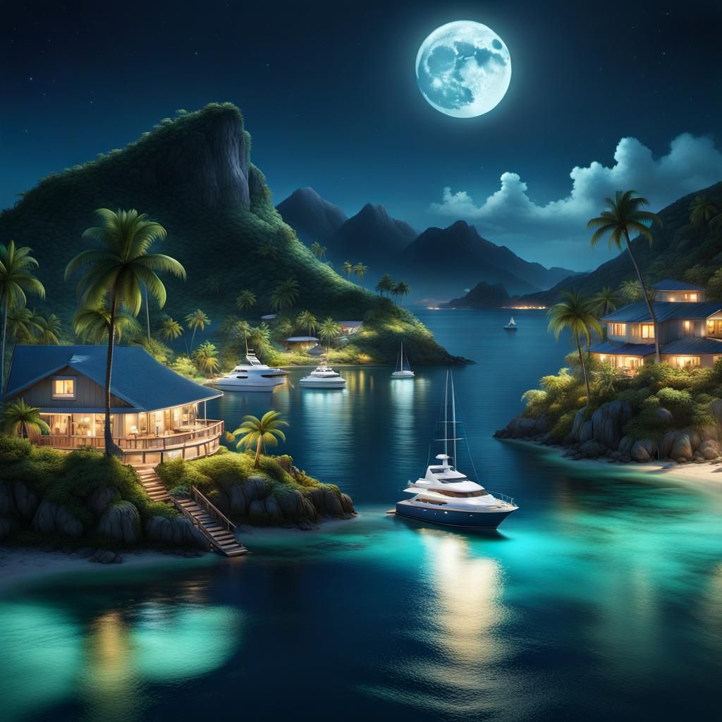 Bioluminescent Island Town at Midnight in Neon Art Style