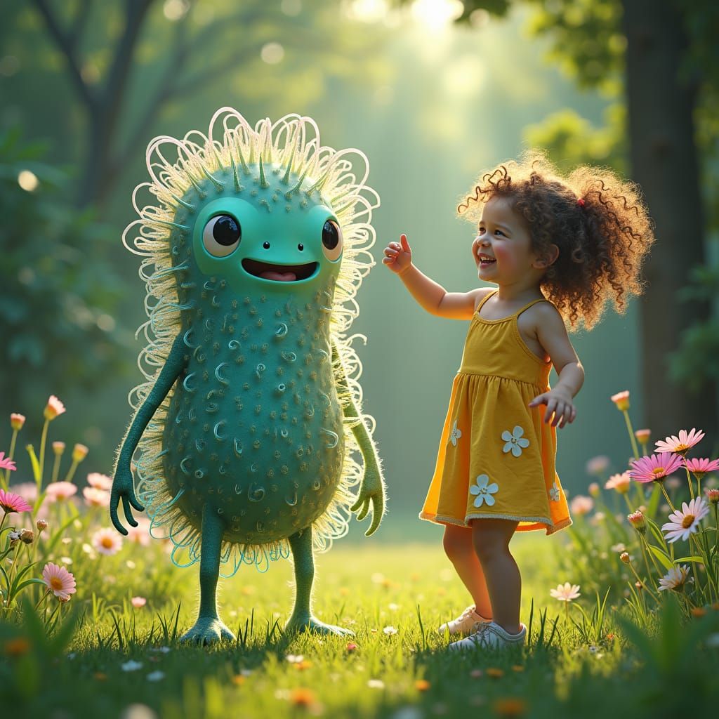 Girl and Giant Euglena in Eerie Whimsical Style