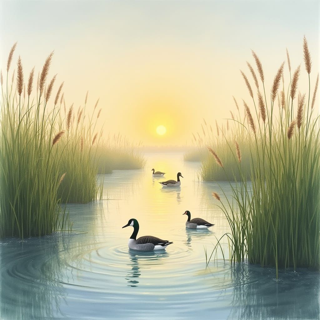 Impressionist Watercolor Marsh Scene at Sunset