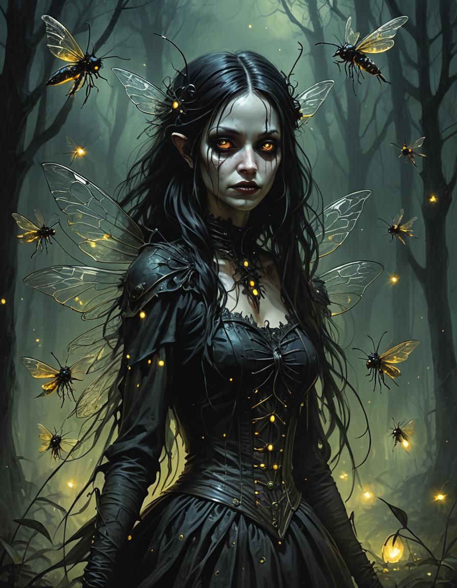 Dark Gothic Fairy Horror with Fireflies