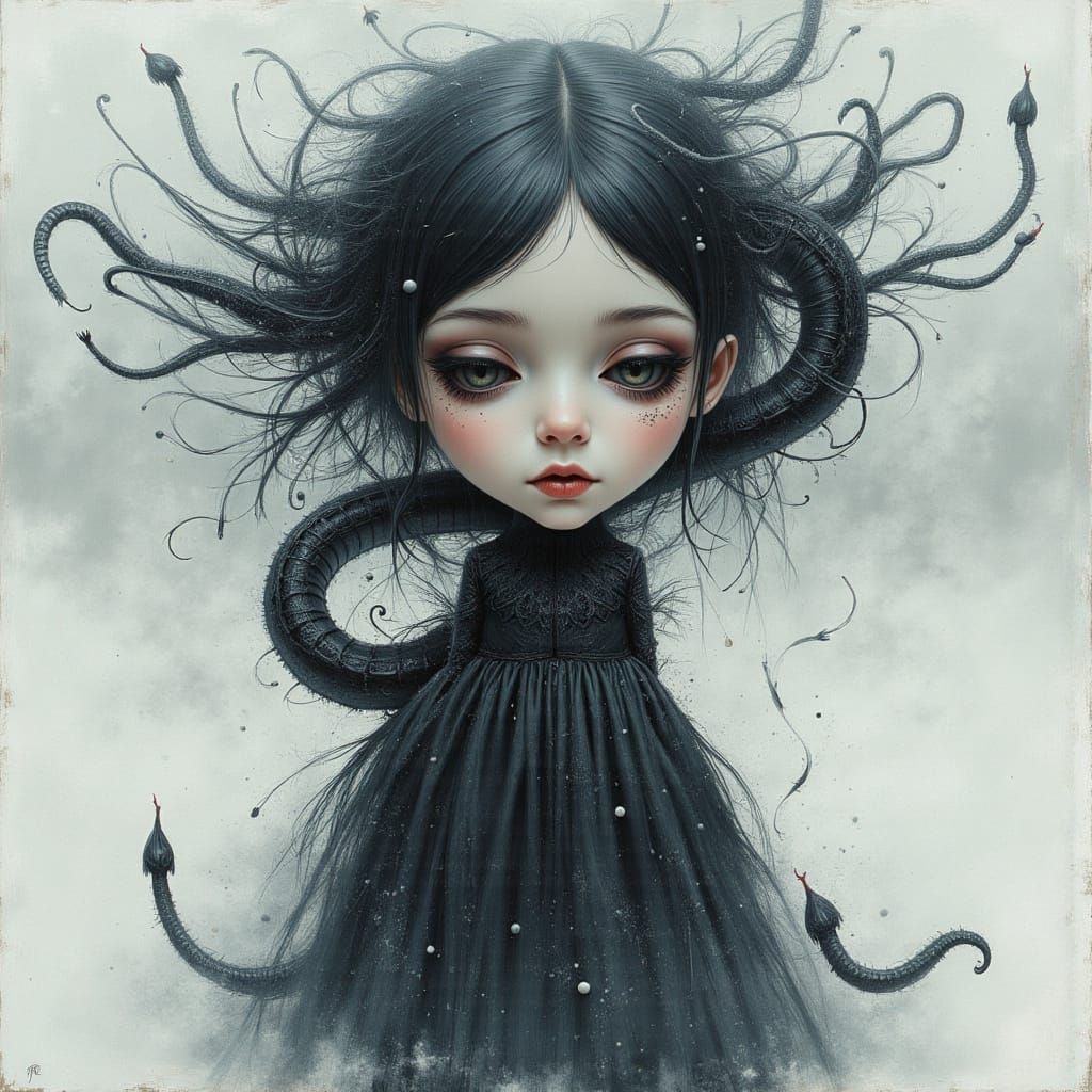 Surreal Glitchcore Portrait with Snake, Manhwa Style