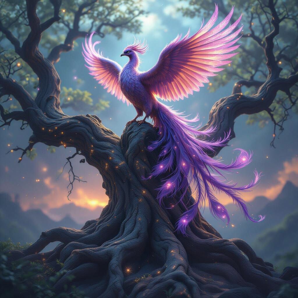 Majestic Phoenix of Nebula Feathers on Cosmic Tree