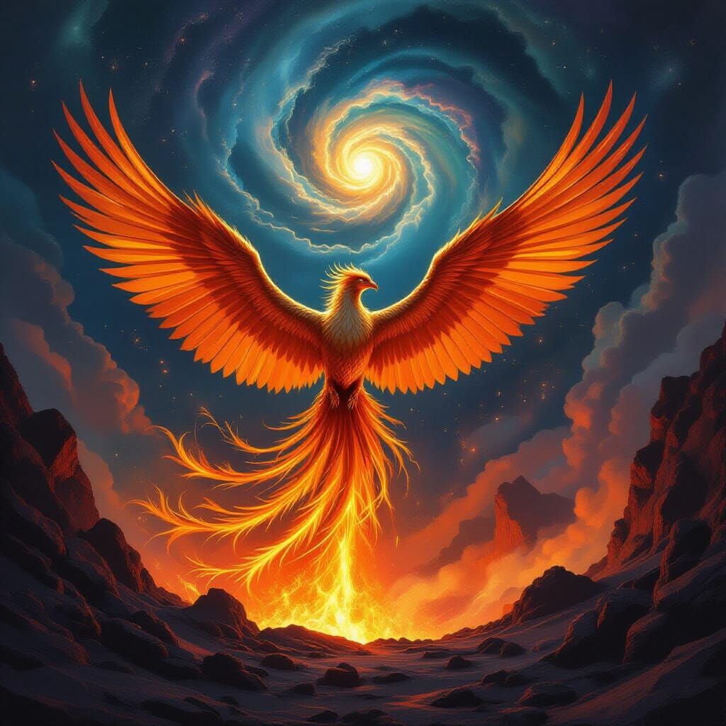 Majestic Phoenix Erupts From Molten Gold Crater in Cosmic Sk...
