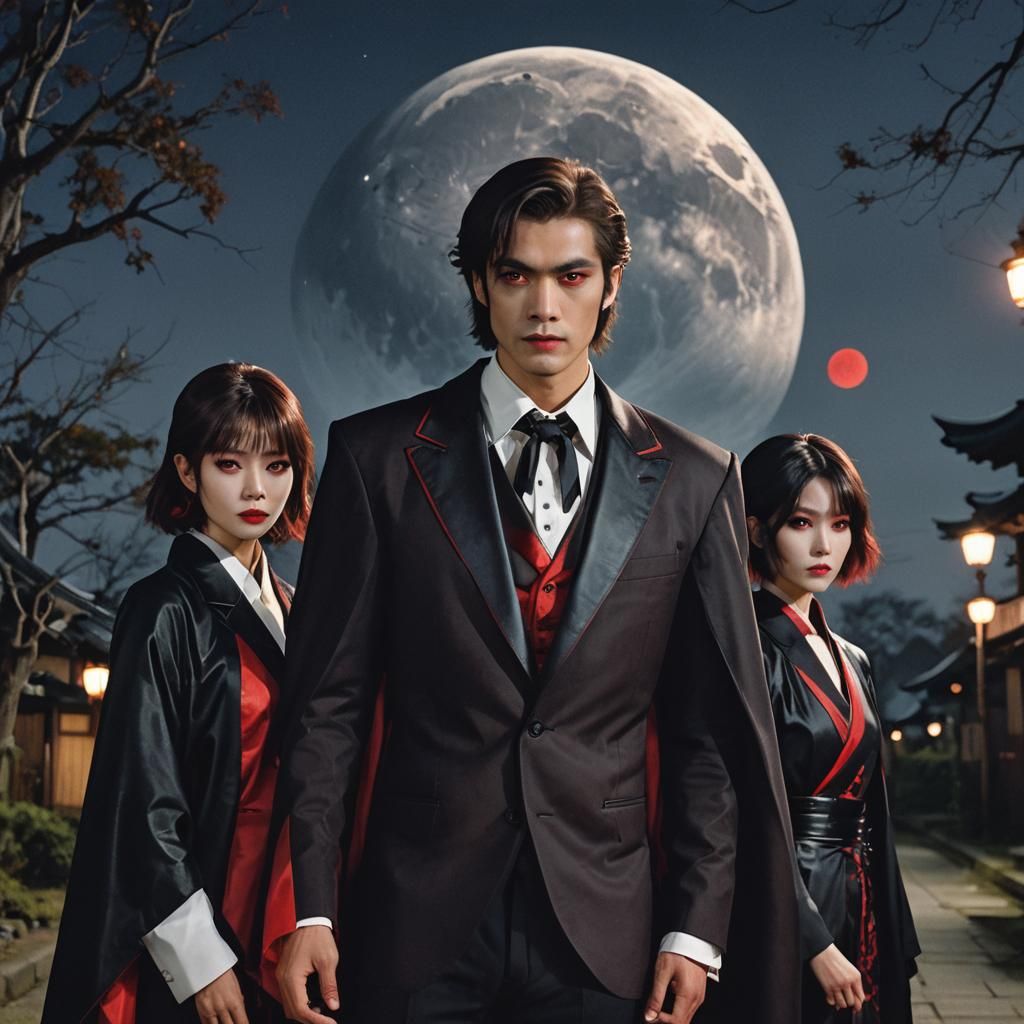 Dramatic Vampire Scene with Kimono-Clad Women