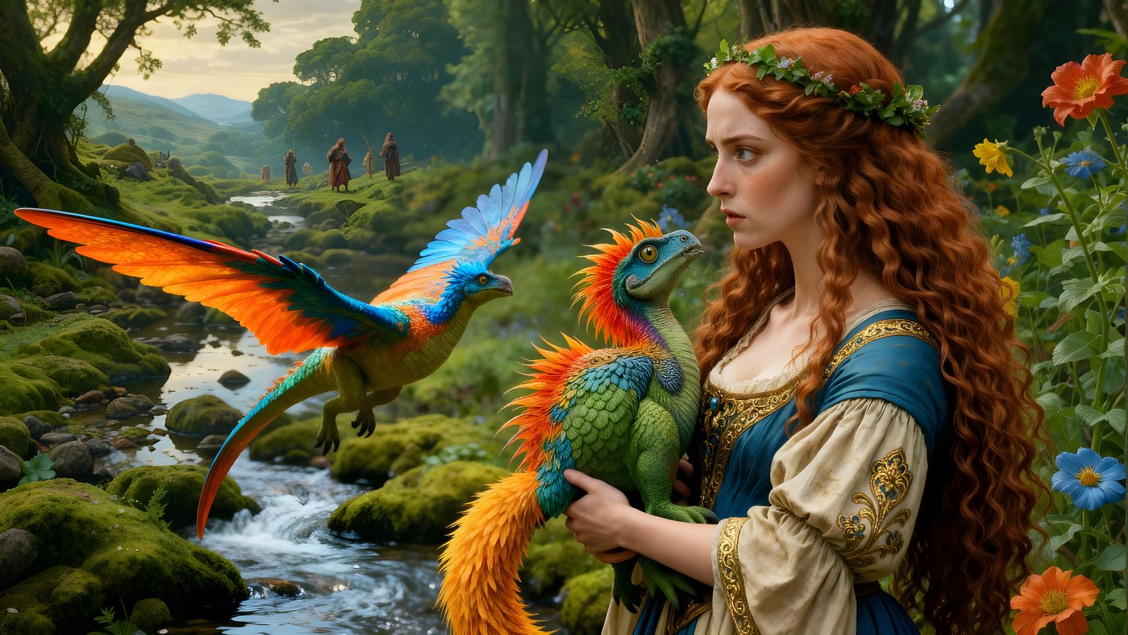 Woman Cradles Flying Dinosaur Pet in Worshipful Embrace