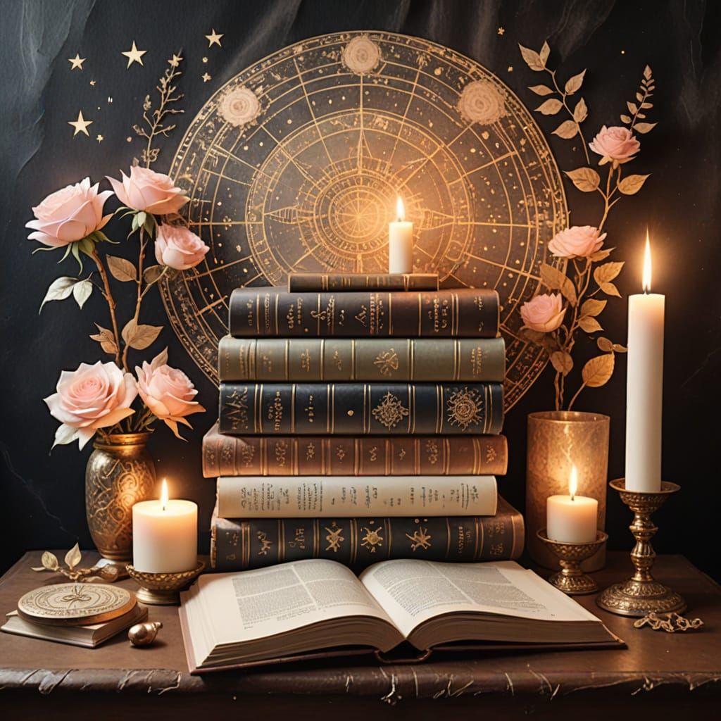 Dreamy Watercolor Bookshelf with Mystical Books and Candles