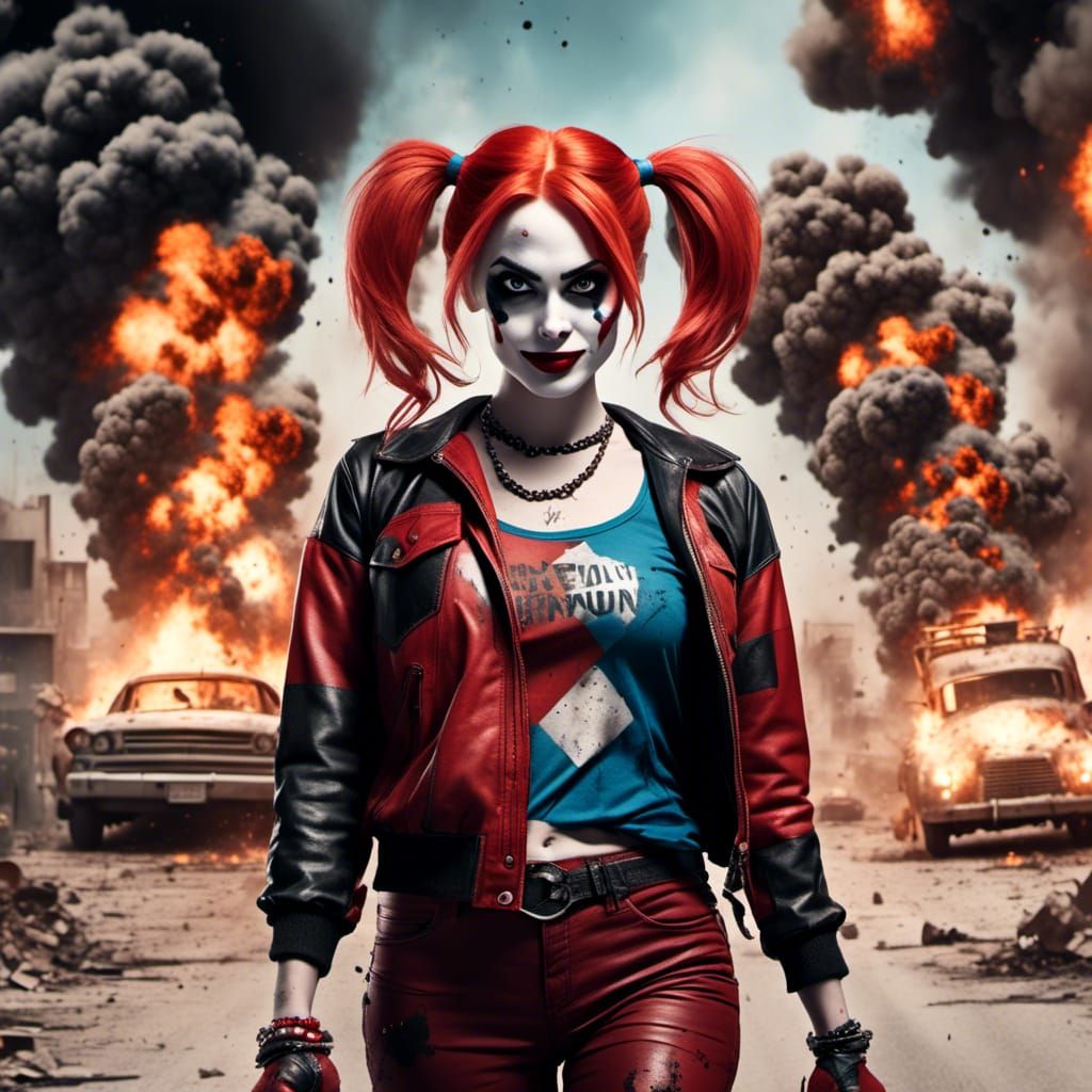 Redhead Harley Quinn Amid Explosions