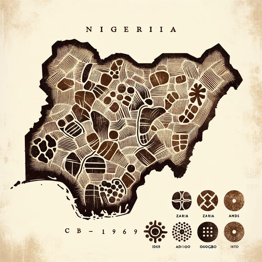 Artistic Map of Nigeria with Sepia Tones and Icons