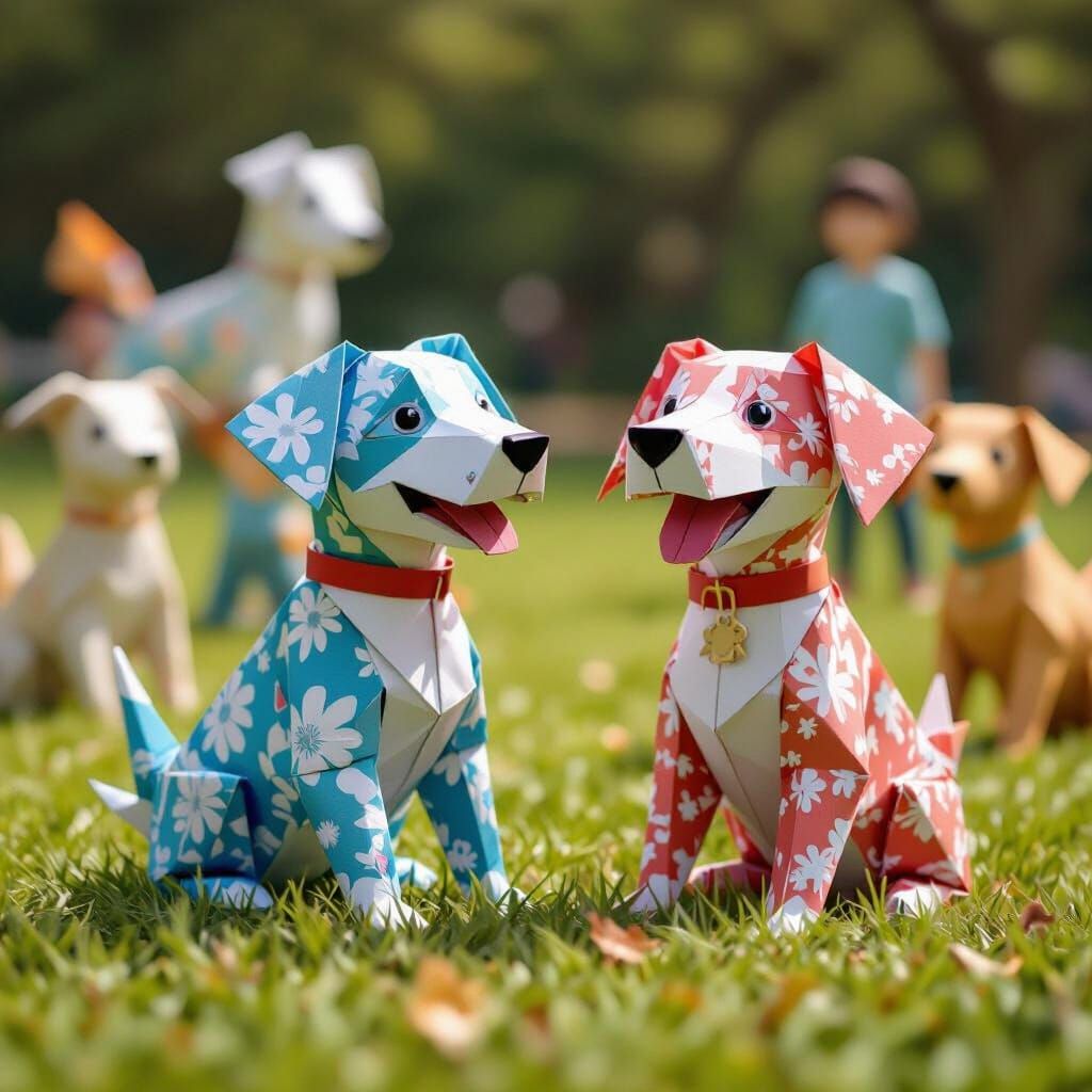 Origami Dog Park Scene in Anime Style