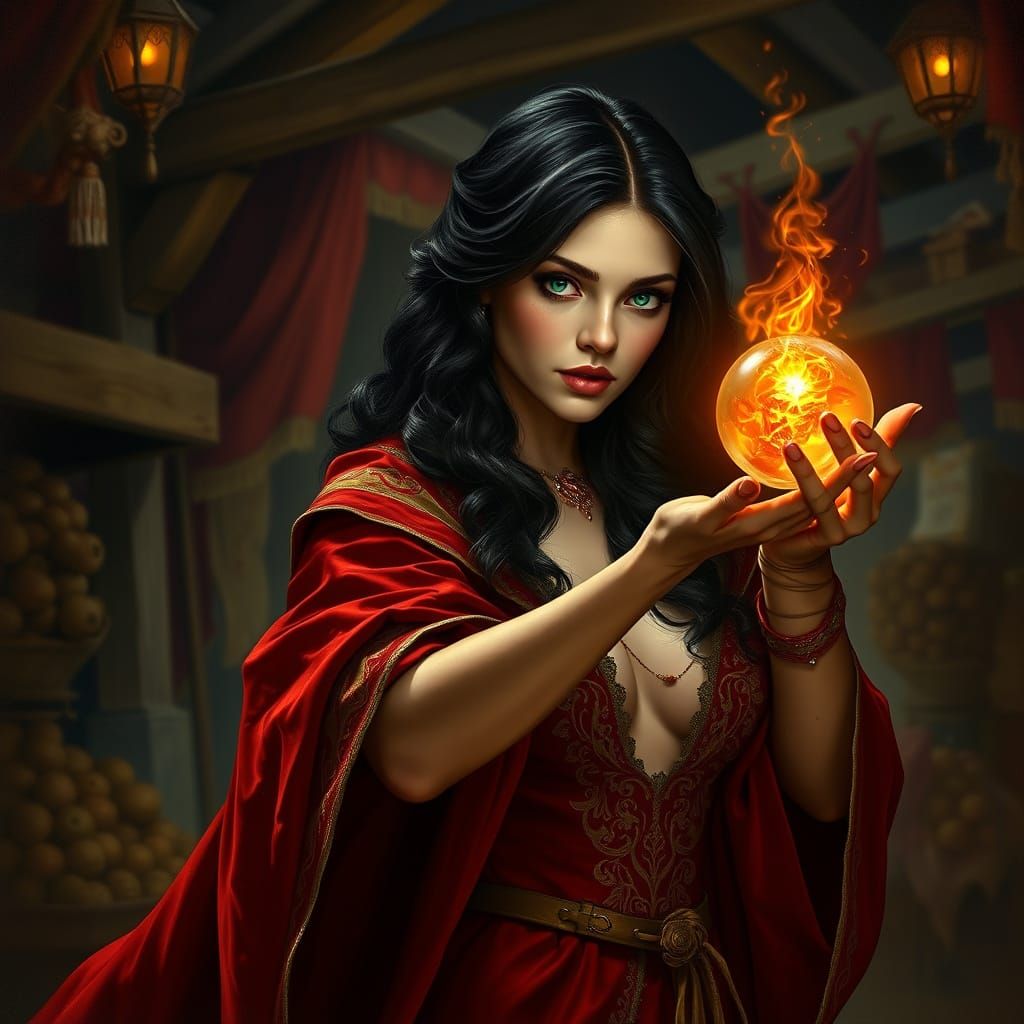 Medieval Siren Juggles Blazing Orb in Earthy Market Scene