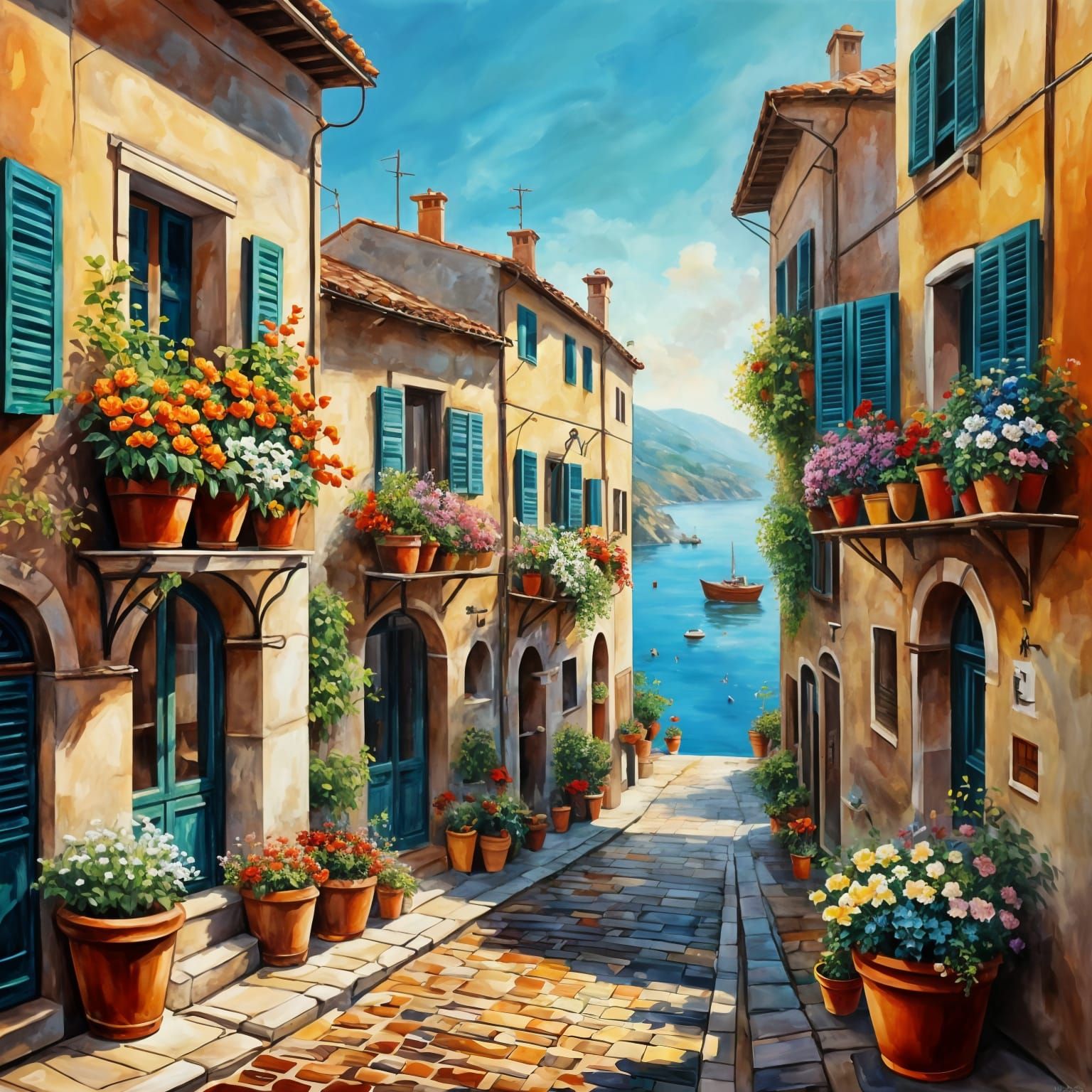 Italian Seaside Street: Detailed Oil Painting
