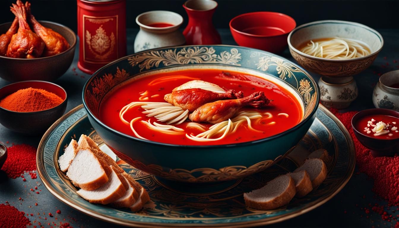 Photorealistic Red Chicken Soup Explosion in 70s Style