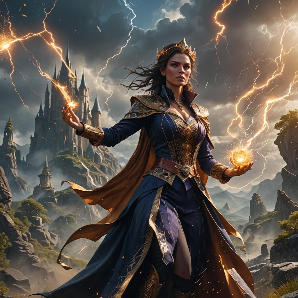 Powerful Female Magician in Sunlit Landscape