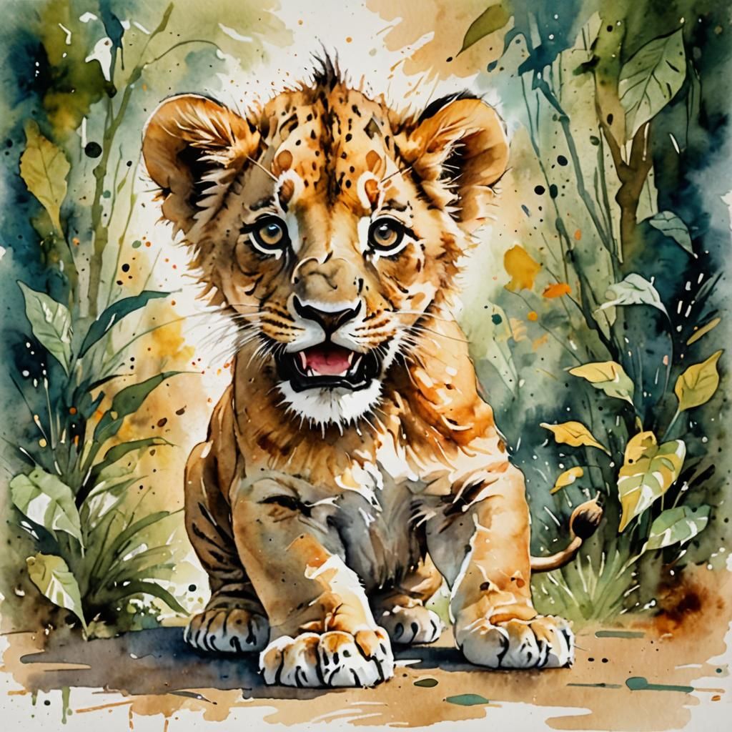 Playful Lion Cub in Watercolor Style