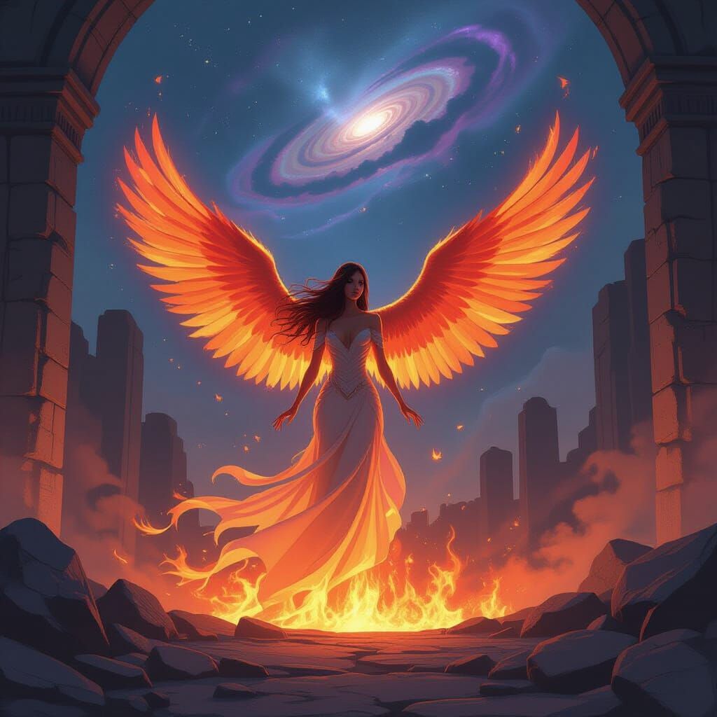 Phoenix Woman Rises From Ashes in Ancient Structure