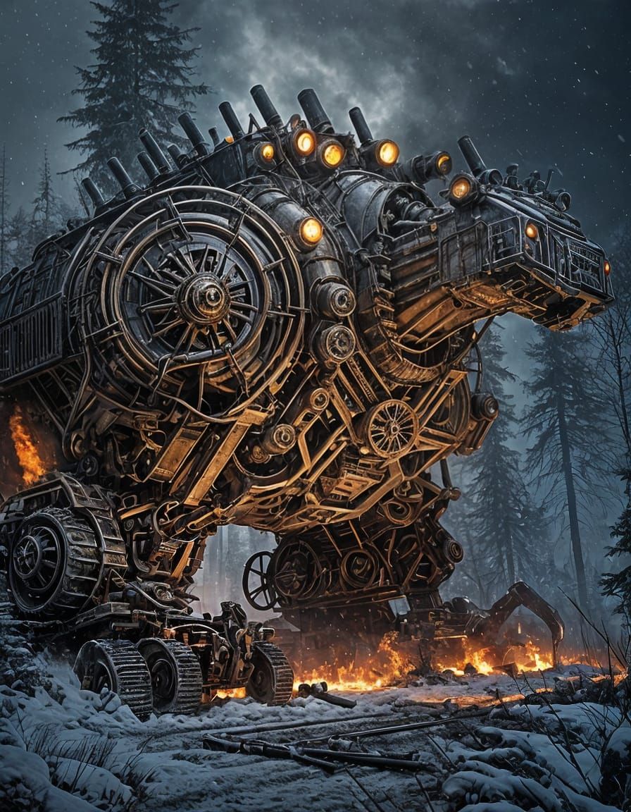 Sinister Steampunk War Machine in Snowy Forest
