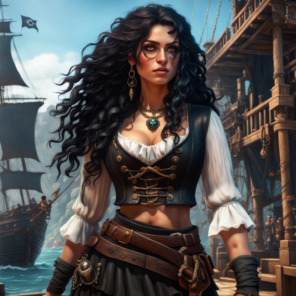 Pirate Girl with Black Hair in Detailed Matte Painting