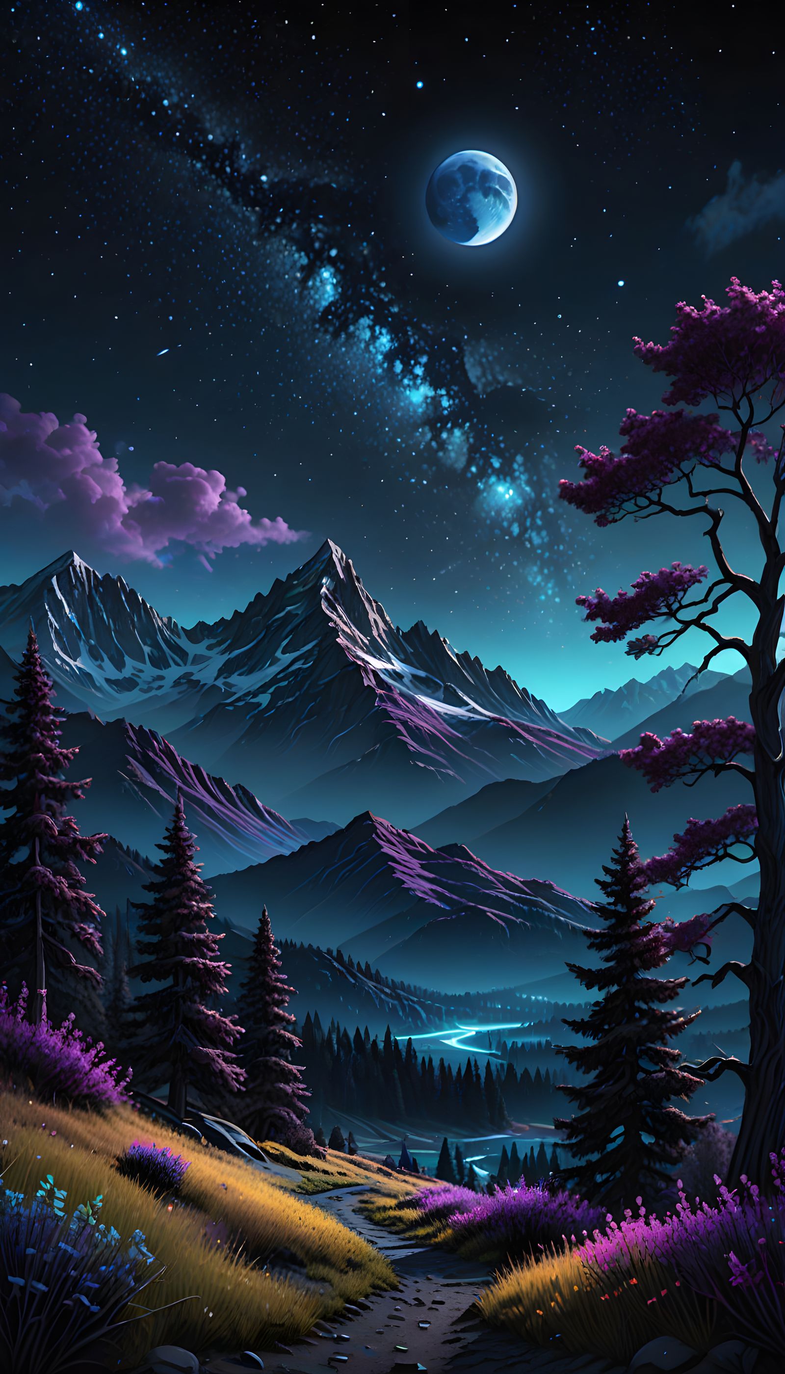 Serene Hyperrealistic Landscape with Mountains, Trees, and a...