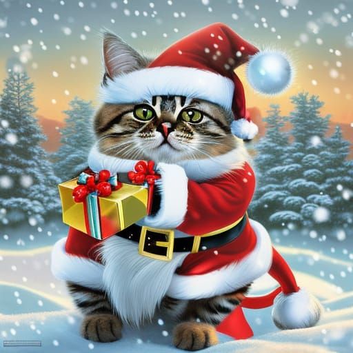 Festive Cat as Santa in Snowy Scene