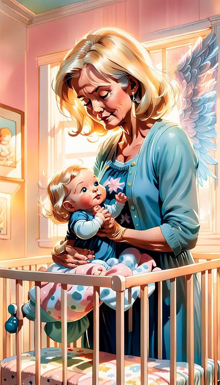 Grandmother Watching Over Granddaughter in Pastel Colors
