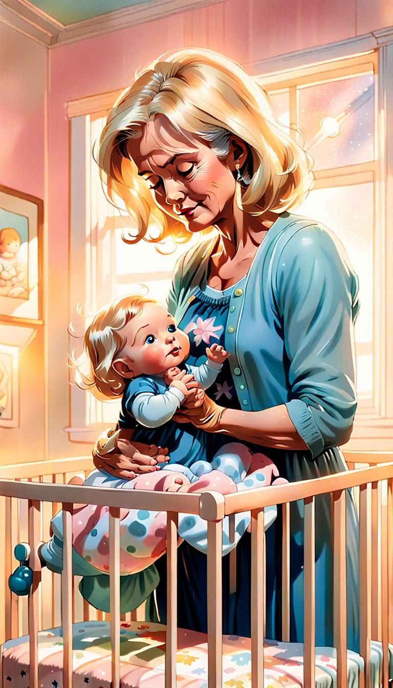 Heartwarming Comic Art: Grandmother and Baby