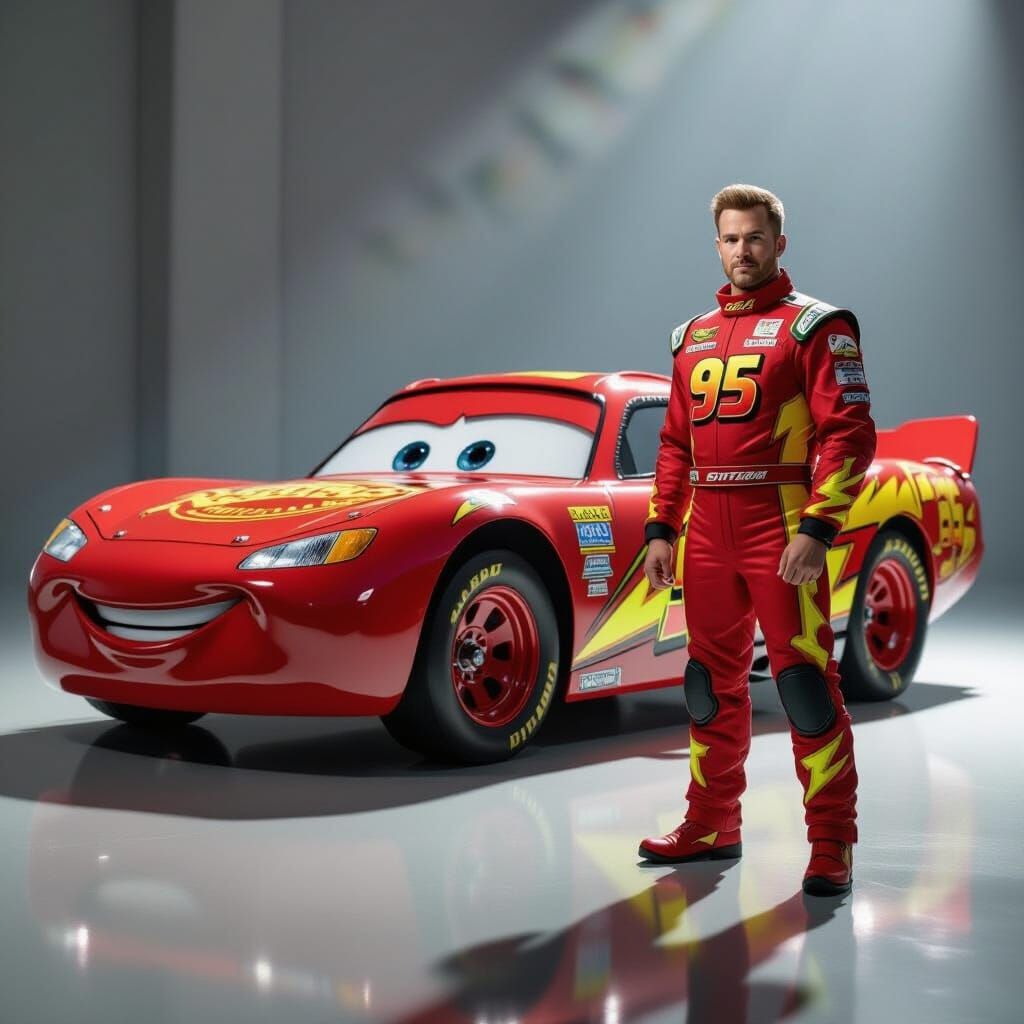 Lightning McQueen and Determined Man in Cinematic Scene