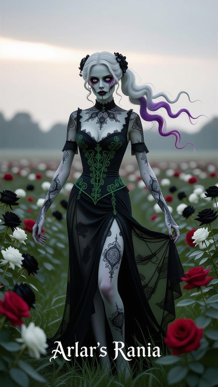 A pale zombie woman stands on a moonlit night, apparently she is named Arlar's Rania