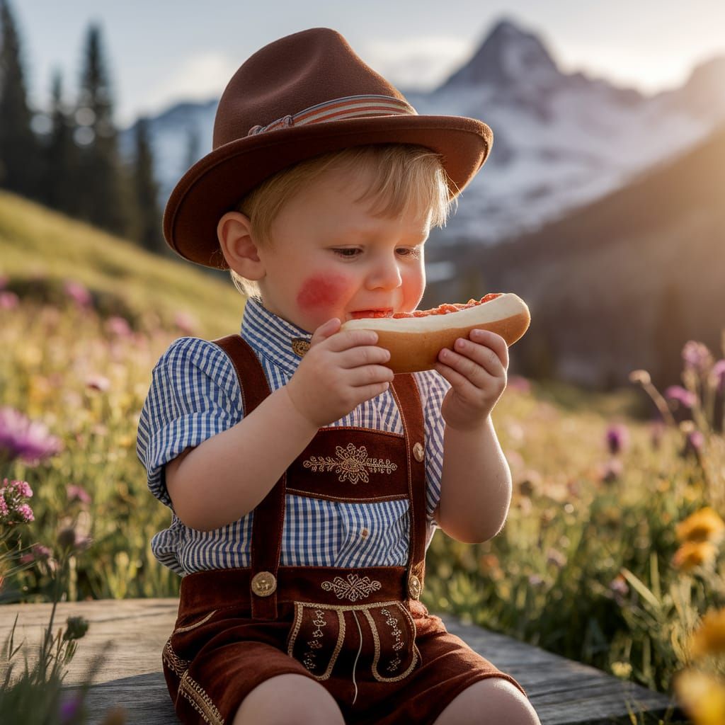 Hummel Boy in Lederhosen Enjoys Hotdog in Alpine Meadow