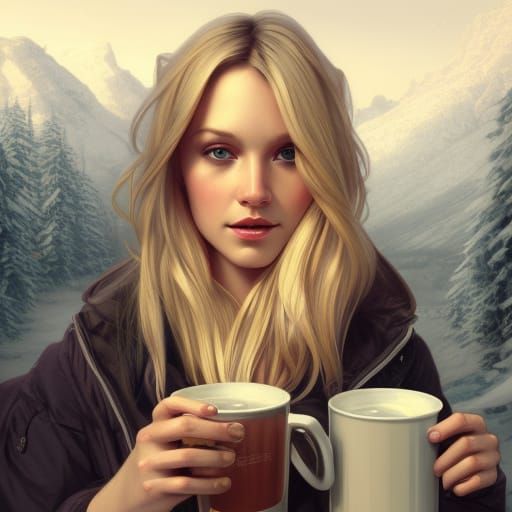 Blonde with Cider in Snowy Cabin Portrait