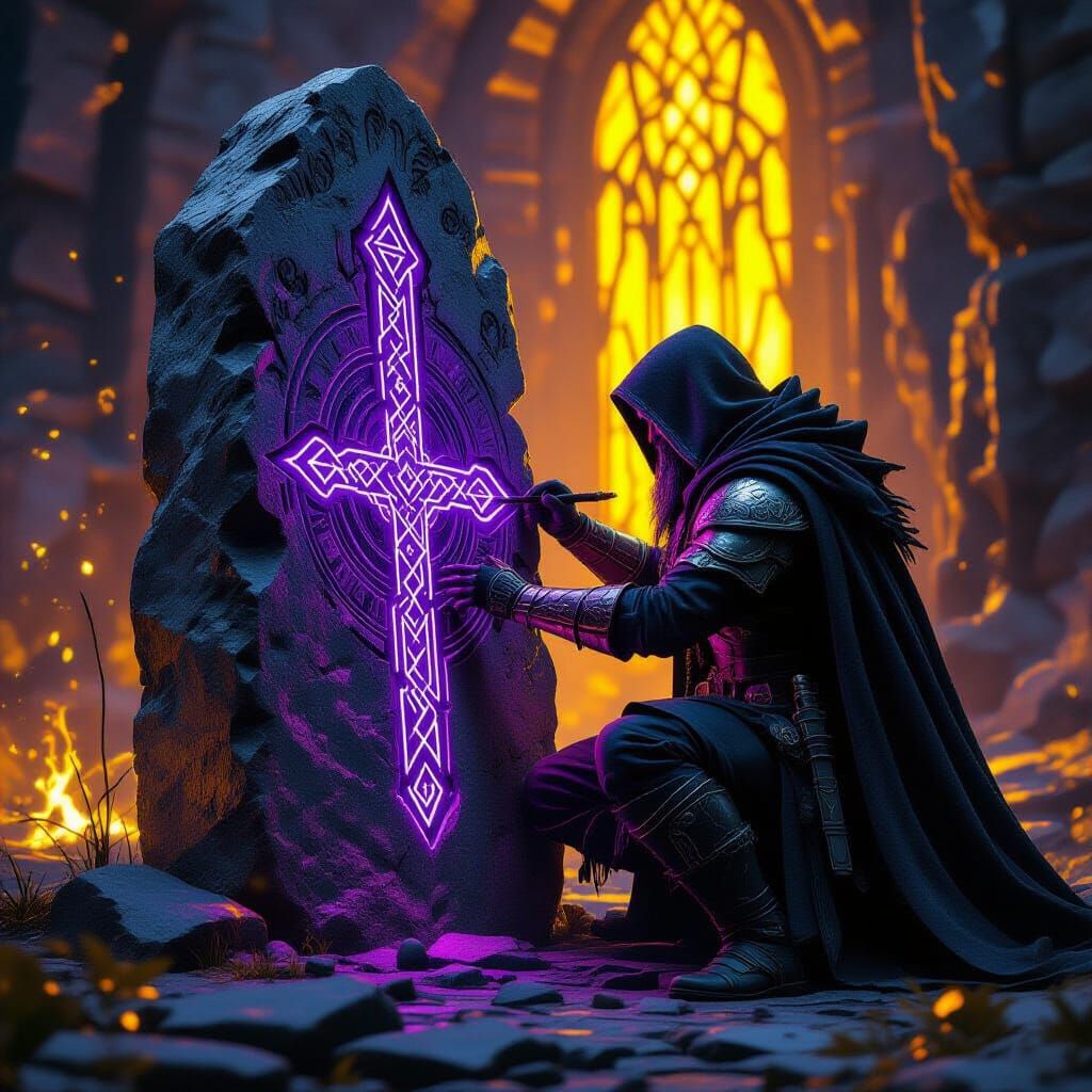 Runemaster Carving Ancient Monolith in Dark Fantasy Style