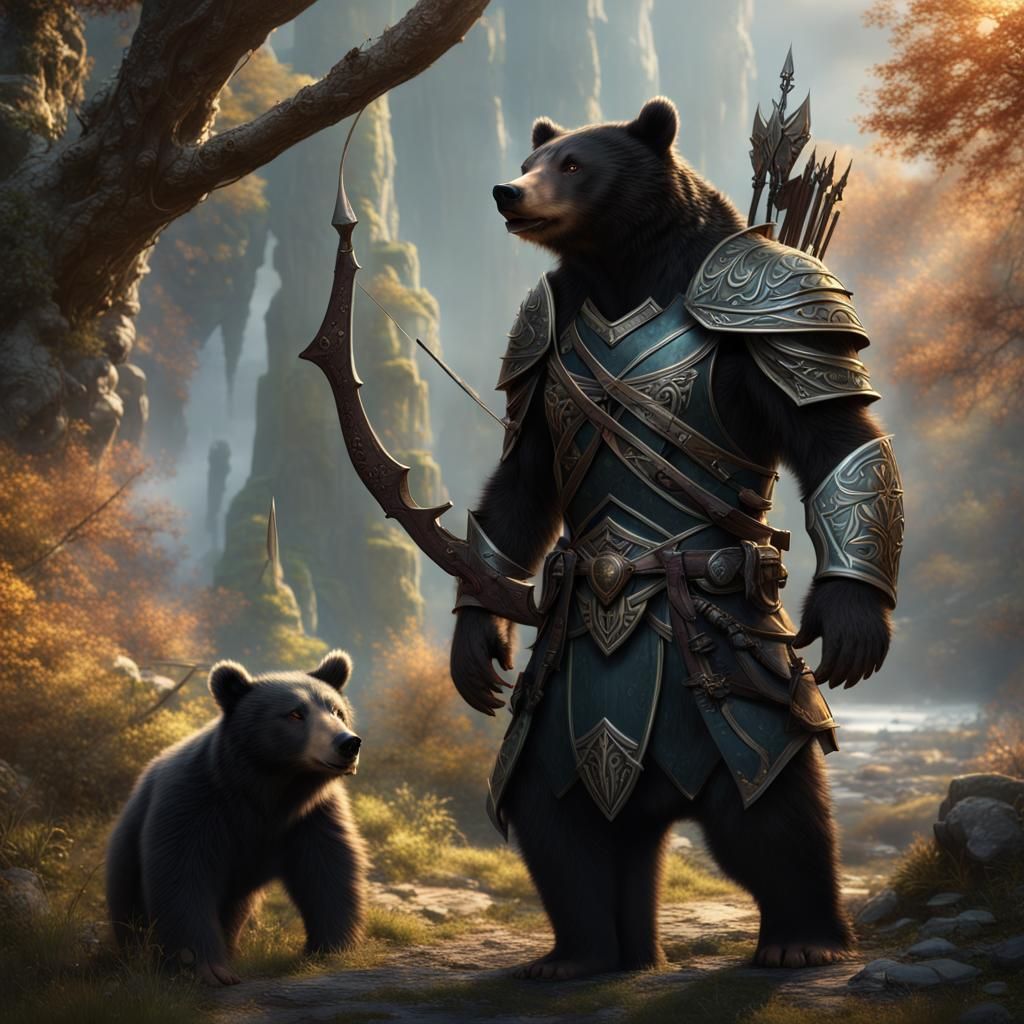 Armored Bear and Half-Elven Ranger Fantasy Art
