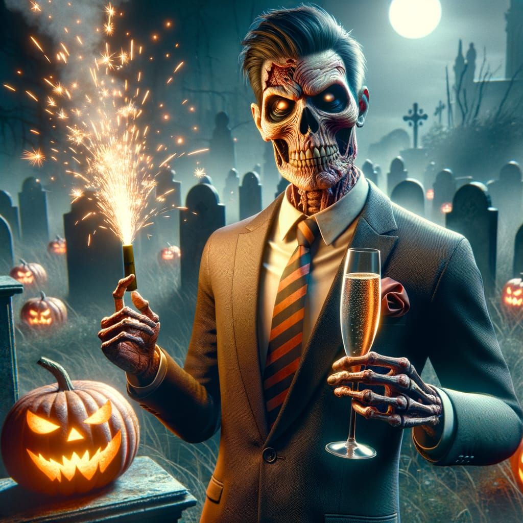 Undead Gentleman Celebrates in Eerie Cemetery
