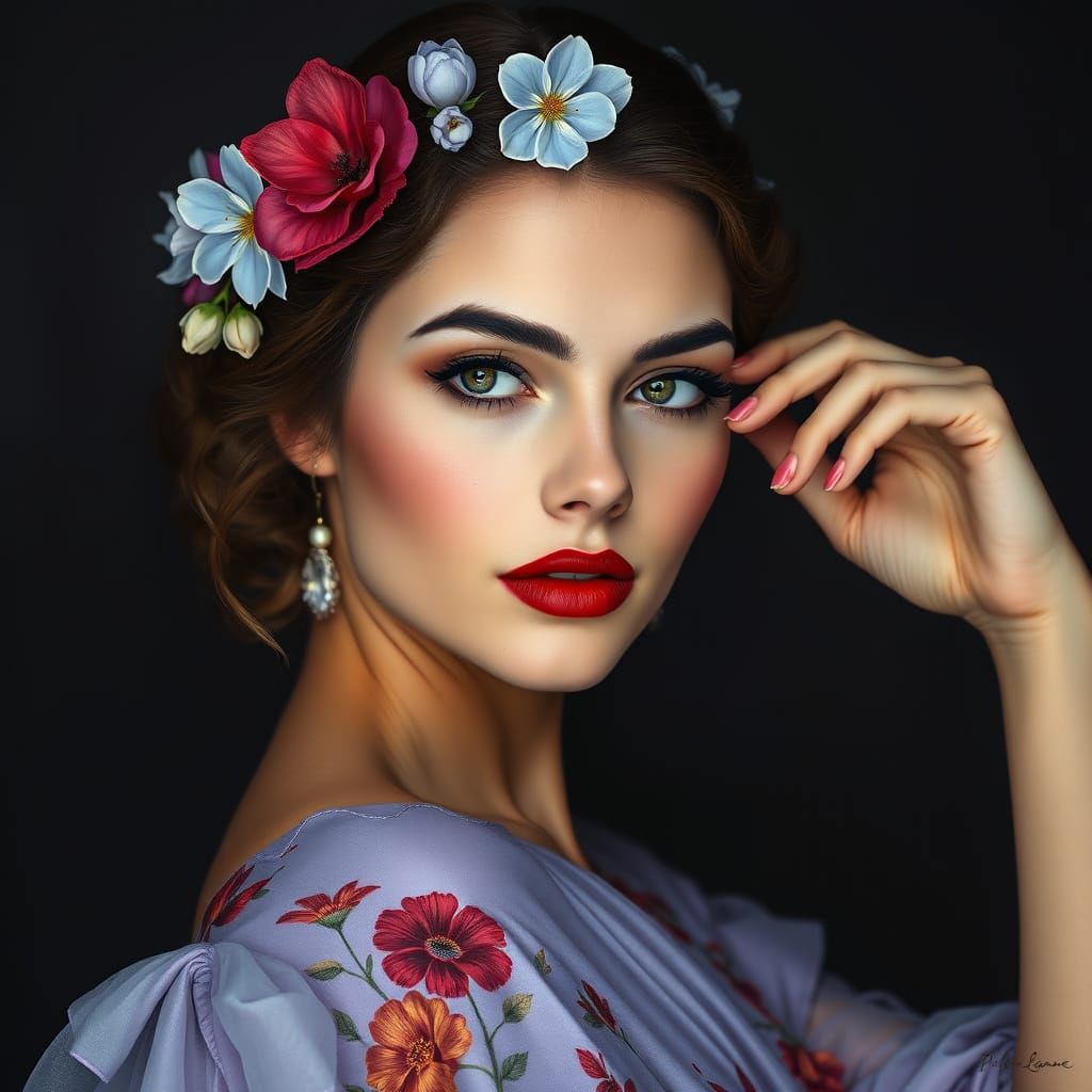 hyperrealistic woman, elegant pose,  light-blue flower crown...